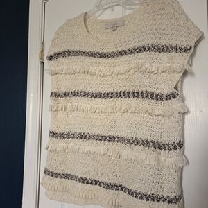 LOFT Cream Fringe & Stripe Knit Top